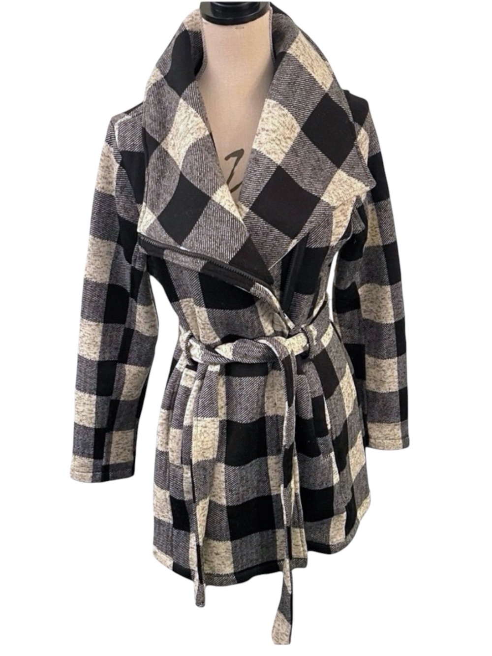 Steve Madden Heather Black/White Buffalo Check Belted Wrap Coat (L)